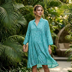 Túnica de Seda para Mujer, Talla Única, Estilo Ibiza, Bohemio, Paisley, Cuello en V, Color Verde Azulado Mandarina, para Playa, Resort, Casual y Vacaciones - Product Image 5