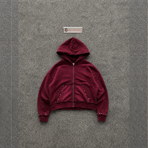 MAROON ZIP UP HOODIE MEN OVERSIZED STREETWEAR SWEATSHIRT VINTAGE WASHED TEXTURED <b>HOODED</b> <b>JACKET</b> DARK <b>RED</b> CASUAL PULLOVER ALTERNAT - Product Image 5