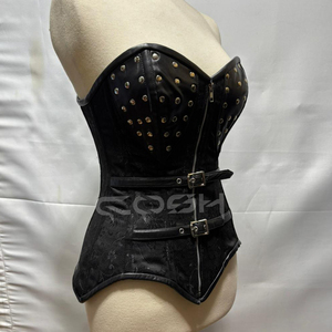 Corset noir en brocart pour femme avec bonnets en cuir véritable cloutés, fermeture éclair sur le devant et bretelles à double boucle - Product Image 4