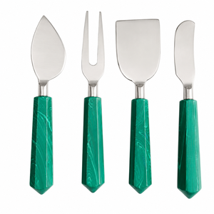 Juego de cuchillos para queso de lujo de 4 piezas con mango de resina verde esmeralda, kit premium de acero inoxidable con espátula, tenedor y rebanador para queso, en oferta. - Product Image 1