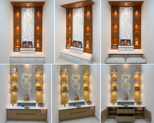 Modern <b>Mandir</b> in Peacock Feather Design Wooden Pooja Cabinet With Storage Drawers Teak Wood Pooja Ghar For Prayer Room Australia - Product Image 6