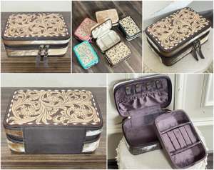 2026 Best Selling Hand <b>Tooled</b> Floral <b>Leather</b> Jewelry Box Genuine Cowhide <b>Leather</b> Zipper Closer Jewelry Gift Package for Women's - Product Image 3