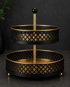 Support à gâteau rond à deux niveaux en métal noir et or, écologique, de luxe, pour présentation de desserts, organisateur de comptoir de cuisine - Product Image 3