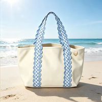 Sac fourre-tout en toile personnalisé pour femme avec fermeture éclair, motif Gingham, idéal pour l'été et la plage, vente en gros