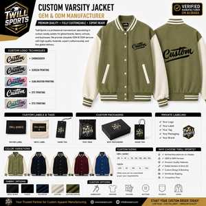 Custom Men's Varsity Jacket Olive Green Beige Sleeve Turn-down Collar <b>Covered</b> <b>Button</b> Casual Winter Style Printed Letter Back - Product Image 3
