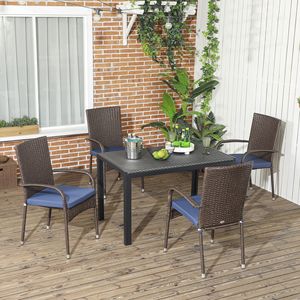 Sedia da pranzo impilabile in rattan PE per esterni con cuscino blu e braccioli per patio - Product Image 2
