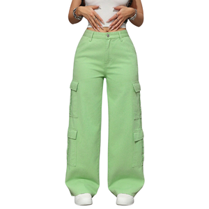 Pantalones Cargo de Mezclilla para Mujer, Pierna Ancha, Cintura Alta, Bolsillos Utilitarios, Corte Recto Informal, Jeans de Algodón, Moda Urbana - Product Image 1