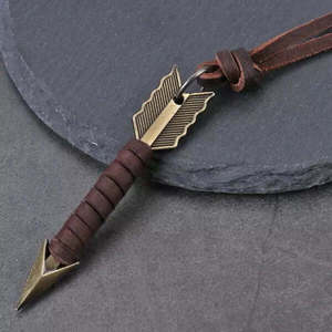 Vintage Alloy Gold Wrapped <b>Arrow</b> Pendant <b>Necklace</b> with Adjustable Pure Leather Cord for Men - Product Image 2