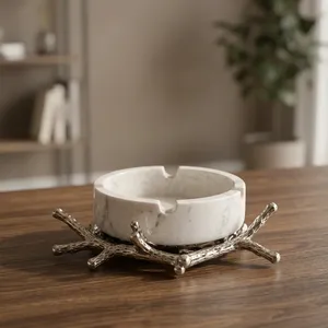 Cenicero Redondo de Mármol Hecho a Mano con Soporte de Aluminio Fundido en Forma de Rama, Moderno y Lujoso, de Piedra Natural, para Cigarros, Decoración de Mesa para el Hogar - Product Image 1