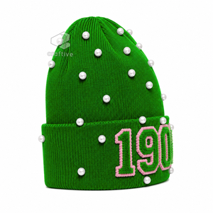 Alfa |   Kapa |   Gorro de Punto con Adornos de Perlas Verdes para Mujer, de la Hermandad Alpha, con Letras Griegas Bordadas en Chenilla, Gorro Casual de Invierno - Product Image 3
