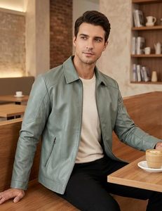 Men's Slim Fit PU <b>Leather</b> Moto <b>Jacket</b> Turn-down Collar Zipper Closure Solid Black Regular Length Autumn Wear - Product Image 3