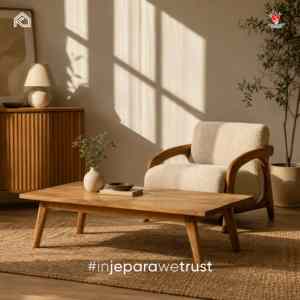 Elegante Sillón de Madera de Teca Sólida con Tapizado Bouclé, Minimalista, para Sala de Estar, Artesanía Premium de Jepara - Product Image 1