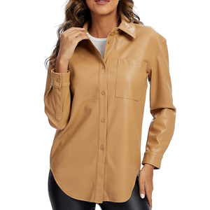 Chemise oversize en similicuir pour femme, boutonnée, manches longues, style décontracté urbain, coupe ample, haut en cuir PU, tenue moderne - Product Image 6