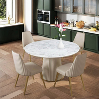 Ensemble de table à manger en bois massif acajou et marbre, 4 chaises en cuir synthétique beige, style moderne minimaliste, mobilier de cuisine de luxe pour hôtel