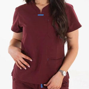 STITCH LAB Blouse médicale unisexe bordeaux à manches courtes, col en V, poches, uniforme d'hôpital, tissu tissé respirant et extensible - Product Image 2