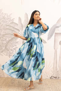 Vestido midi de algodón bordado con cuello cuadrado azul, mangas abullonadas, corte en A, holgado, estilo bohemio, informal, de verano, para mujer, hermoso vestido. - Product Image 5