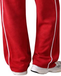 Pantalones de chándal de forro polar rojos para mujer, de pierna ancha, con ribete lateral, cintura elástica con cordón, ajuste holgado informal, estilo jogger, ropa de descanso suave - Product Image 5