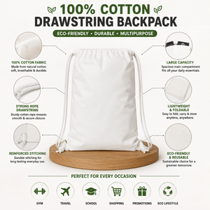 Eco Friendly Cotton Drawstring Backpack Bag | Reusable Gym Sack Sports Travel Promotional String Bag with <b>Rope</b> Handles Custom - Product Image 6
