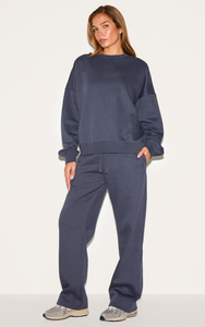 Ensemble de survêtement pour femmes, couleur unie, manches longues, col rond, coupe ample, fermeture à cordon, poches latérales, vêtements décontractés d'automne, 100% coton - Product Image 3