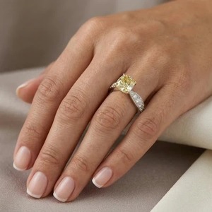 Fancy Yellow <b>Cushion</b> Cut Diamond 14K White Gold Diamond Ring With Pave Side Diamonds Women's Jewelry - Product Image 5