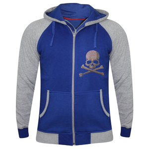 Sweat-shirt à capuche raglan bleu-gris pour homme, broderie crâne et os croisés, fermeture éclair frontale, molleton décontracté, coupe classique, automne - Product Image 1
