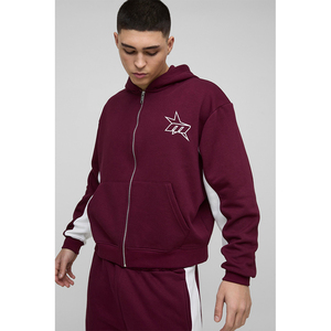 Men's Burgundy Hooded <b>Zip</b>-<b>Up</b> Sweatshirt With <b>White</b> Star Logo Regular Fit Casual Autumn Wear French Terry Cotton - Product Image 1