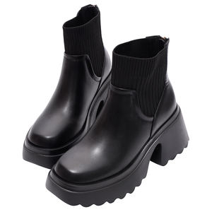 Bottines à plateforme noires pour femmes, 8,5 cm, tige en tricot côtelé, talon épais - Product Image 3