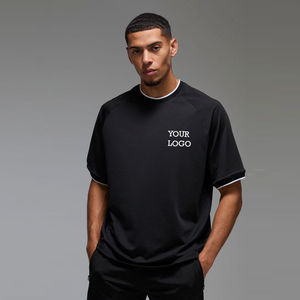 Mens Black White Trim Contrast <b>Raglan</b> Crew Neck Short Sleeve Athletic Cotton Casual Summer Fashion <b>Top</b> Custom Logo OEM ODM - Product Image 3