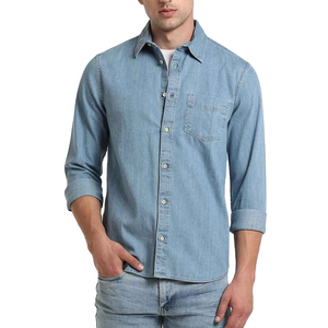 Chemise en jean bleu clair pour homme, manches longues, col rabattu, simple boutonnage, poche poitrine, coupe décontractée, 2026 - Product Image 1