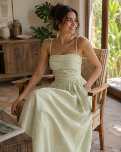 Summer Green Cotton Bohemian Simple Women Sleeveless Spaghetti Strap A-Line <b>Elastic</b> Waist Maxi <b>Dress</b> Casual Elegant Floor Length - Product Image 3