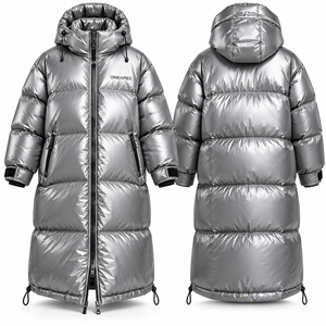 Manteau long matelassé unisexe argenté à capuche, style doudoune épaisse, chaud pour l'hiver, streetwear d'extérieur, personnalisable - Product Image 1