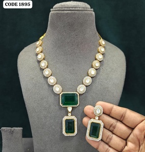Luxury Aqua Green Pendant Necklace Set <b>Black</b> <b>Polish</b> Gold Plated Brass Designer Party Wear Wedding Jewelry for Women Set - Product Image 5