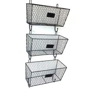 Lot de 3 paniers de rangement muraux vintage en fil métallique noir pour cuisine, courrier et clés - Product Image 1