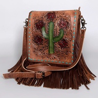 Desain kustom baru tas selempang wanita desain tangan kulit sapi bergaya antik burung kaktus dan tas selempang wanita desain gambar manusia yang langka