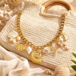 Collar de Lujo con Colgante Fino Marino de Acero Inoxidable Chapado en Oro de 18K con Dije de Concha Natural para Mujer, Joyería de Verano para Resort - Product Image 2