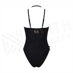 Women's Black One-Piece Swimsuit With Gold Starfish Cut-Out Design <b>Crossed</b> Halter Neckline High Waist Bandeau Style - Product Image 2