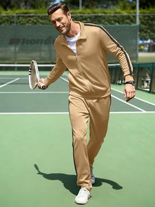 Men's Khaki Solid Tracksuit Full Sleeve Stand Collar Zipper Sweatshirt Drawstring Pants Set Casual Autumn Wear - Product Image 3