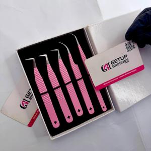 GETUP BROSONS IMPEX Light <b>Pink</b> Powder Coating Silver Glitter Diamond Grip Curved Stainless Steel Smooth Tip Eyelash Tweezers - Product Image 5