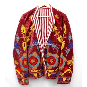 Velvet Embroidered Floral Jacket Mandarin Collar Full Sleeve Prairie Chic Autumn <b>Women's</b> <b>Coat</b> Hand Embroidery Design - Product Image 2