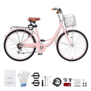 Bicicletta Cruiser in Alluminio Rosa a 7 Velocità, 26 Pollici, con Portapacchi Posteriore di Grande Capacità e Cestino, Doppia Sospensione, Sicura e Robusta - Product Image 1