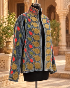 Suzani Grey <b>Velvet</b> Embroidered <b>Jacket</b> for <b>Women</b> Elegant Floral Threadwork Ethnic Open Front Winter Fashion Party Wear Wholesale - Product Image 3