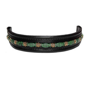Black Padded Comfortable & Durable Leather Horse Brow Band Emerald Green <b>Beaded</b> Chain and Crystals Decorative Bridle Brow Band - Product Image 2