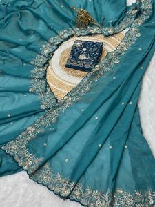 Sari de luxe en soie Georgette épaisse avec broderie au fil et travail Zari, réversible, protection solaire, design pour occasions de mariage - Product Image 4