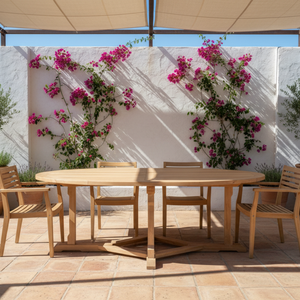 Table de repas d'extérieur pour hôtel, en teck massif, de forme ovale, design contemporain, imperméable, écologique, moderne, simple, pour l'extérieur - Product Image 3