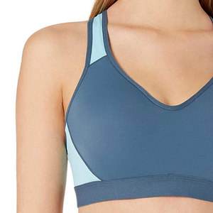 Women's Blue Scoop Neck Halter Brassiere Color Blocking Seamless High <b>Support</b> Breathable Spandex/Polyester <b>Crop</b> <b>Top</b> - Product Image 2