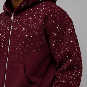Ensembles de sweats à capuche zippés oversize basiques avec strass, logo brodé personnalisé, vente en gros, fabricant, sweats à capuche et joggers en coton pour hommes - Product Image 2