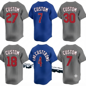 Camiseta de Béisbol Azul a la Moda, Uniforme de Equipo Cosido, Ropa Deportiva Personalizada, Cuello en V con Rayas Grises, 100% Algodón - Product Image 1