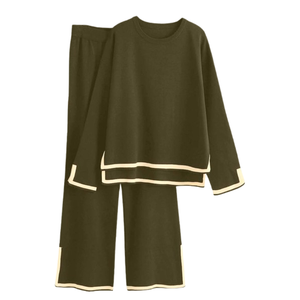 Ensemble pull et pantalon en tricot bleu clair pour femme, décontracté, manches régulières, col rond, respirant, 100% coton, hiver - Product Image 5