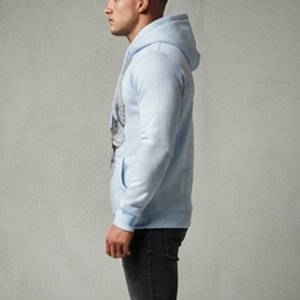 Sweat-shirt à capuche bleu clair pour homme avec logo personnalisé, imprimé crâne, coupe classique, en coton tricoté, décontracté, pour l'automne, vente en gros - Product Image 3
