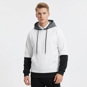 <b>Men's</b> <b>White</b> Hooded <b>Sweatshirt</b> With Black Sleeve And Hem Casual Knitted Pullover Regular Fit Solid Color Autumn Wear - Product Image 6